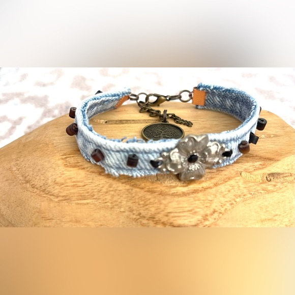 Denim Bracelet Upcycled with dangles charms, wooden stones, Silver findings - Picture 2 of 5